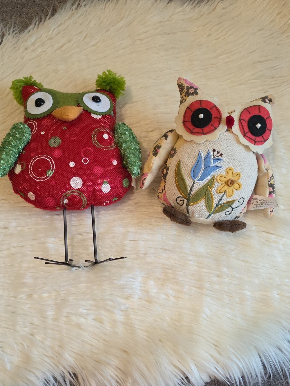 Set of Two Decorative Owl Plush Figurines - Red & Cream